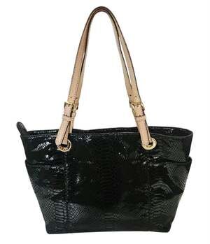 Michael Kors Black Patent Python Snake Embossed Jet Set Tote Bag EUC